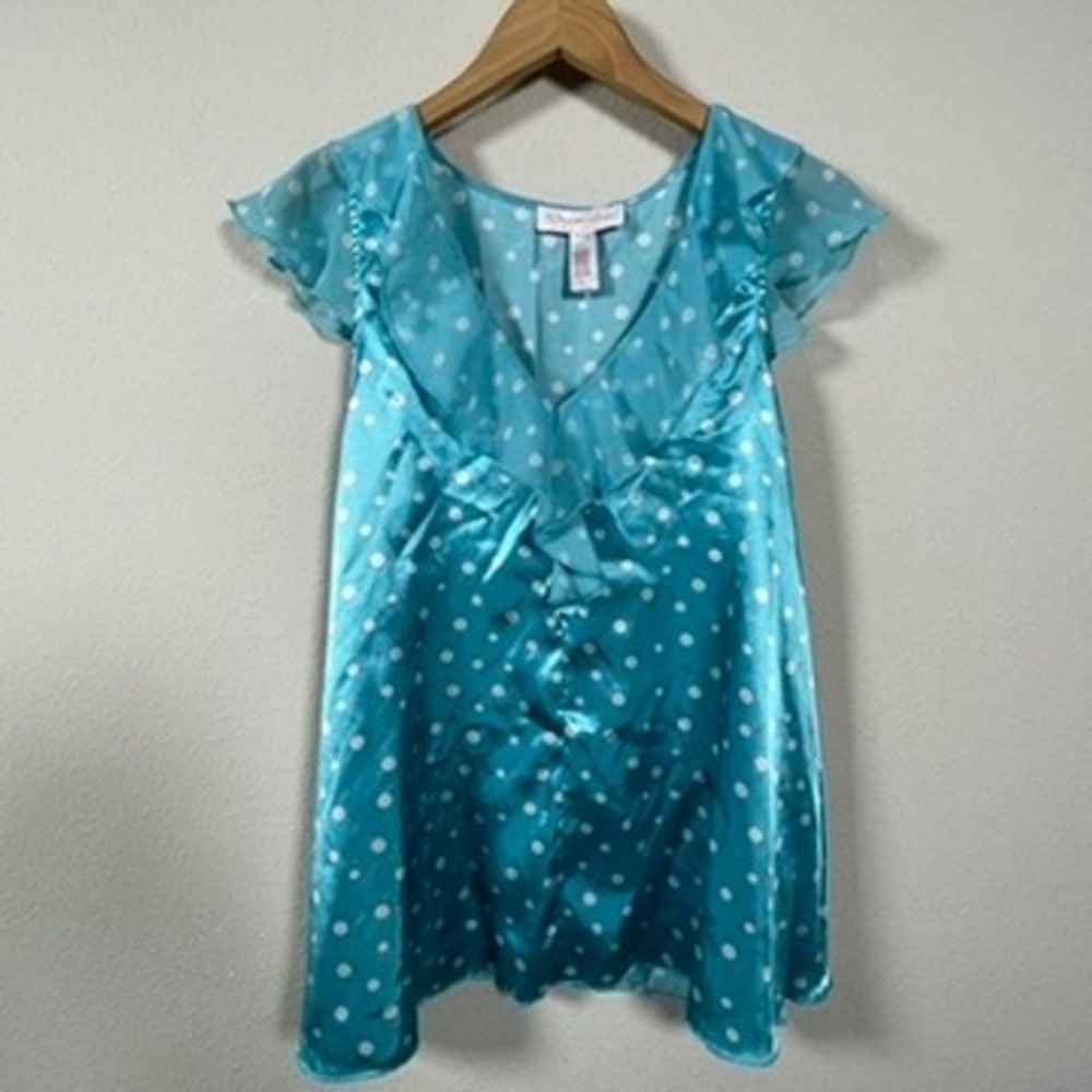 Oscar de la Renta Pajama Set Womens Large Blue Polka Dot Satin Ruffle Excellent